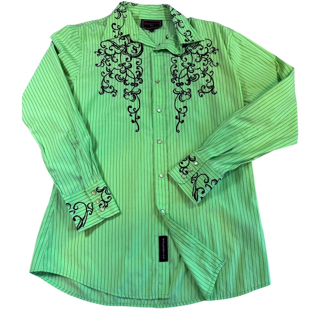 Patroncito Lime Green Pinstripe Western Shirt Scroll Embroidery Small